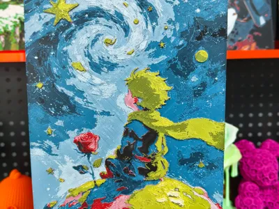 The Little Prince looking up at the stars and his rose