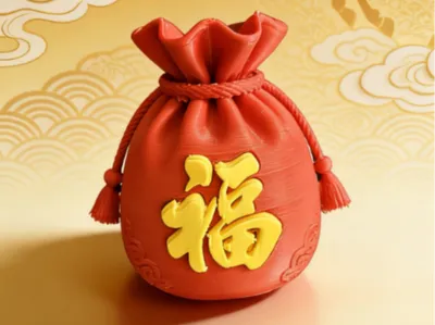 Fortune Arrives｜Lucky Bag Fridge Magnet, Characters Separated, Dual Color without AMS, Reserved Magnet Slot, Press for Good Fortune