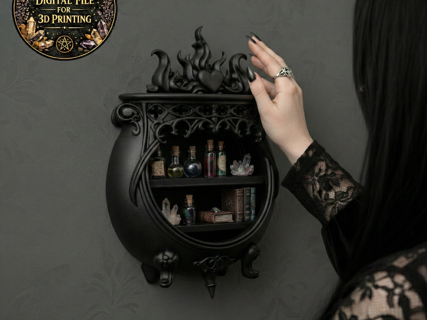 Gothic Cauldron Wall Shelf Flaming Heart Niche