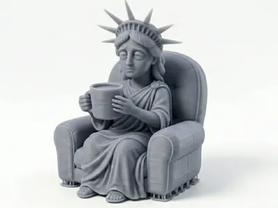 Statue of Liberty sitting drinking a coffee