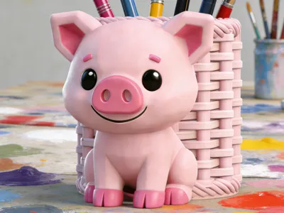 Piggy with Bamboo Basket Pen Holder
