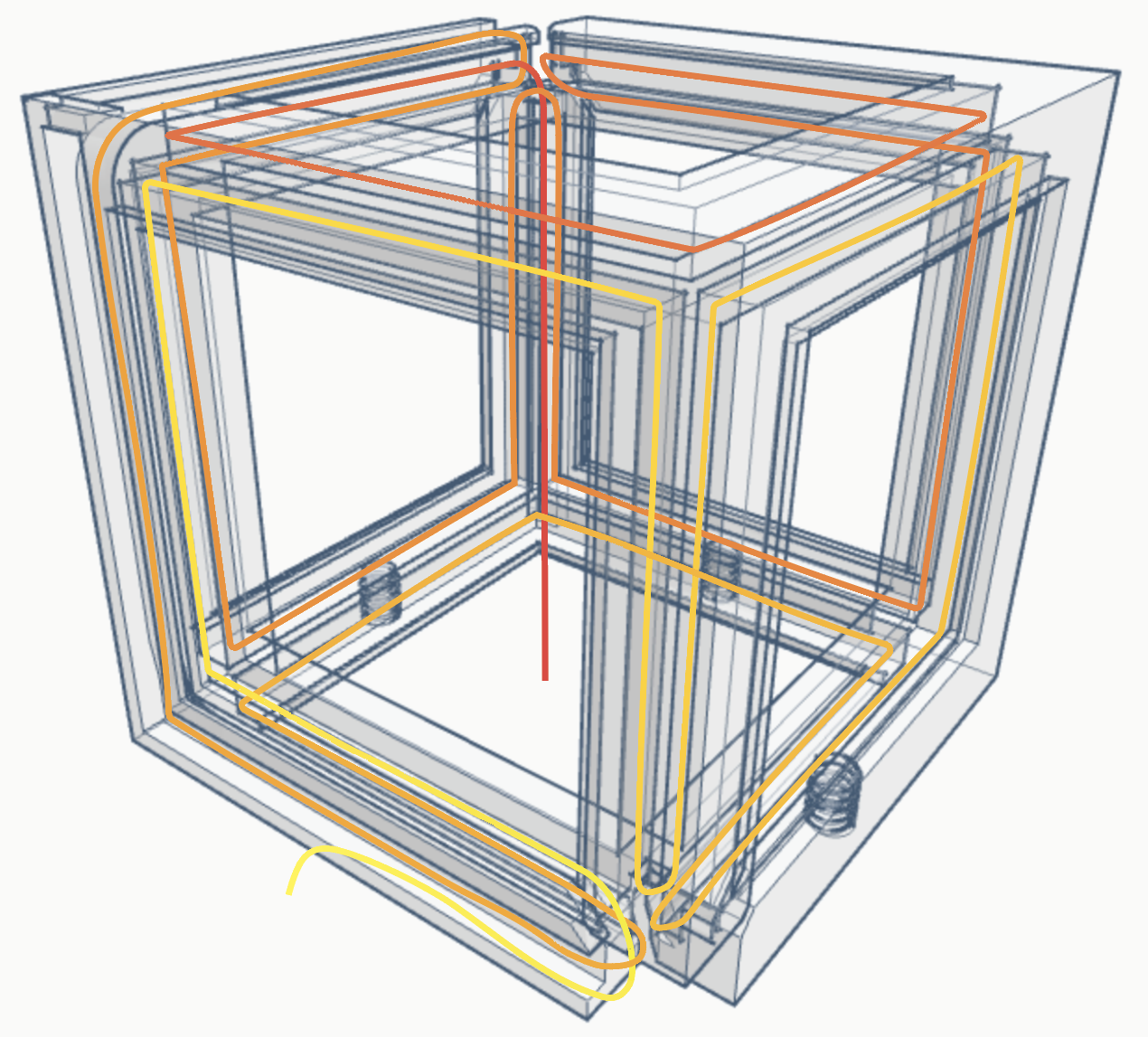 A technical 3D wireframe diagram showing the internal routing path of an LED strip through a cube frame to create a 3-dimensional infinity grid.
