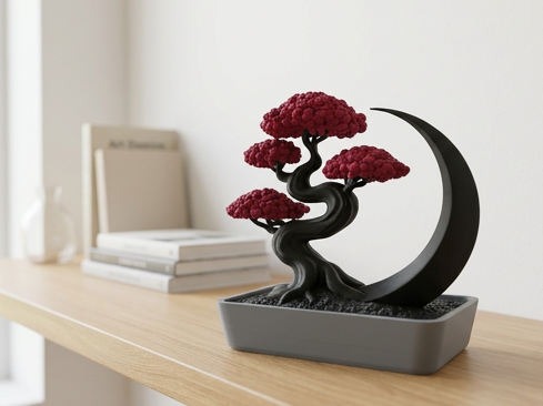 Stylized Potted Bonsai Tree with Crescent Moon