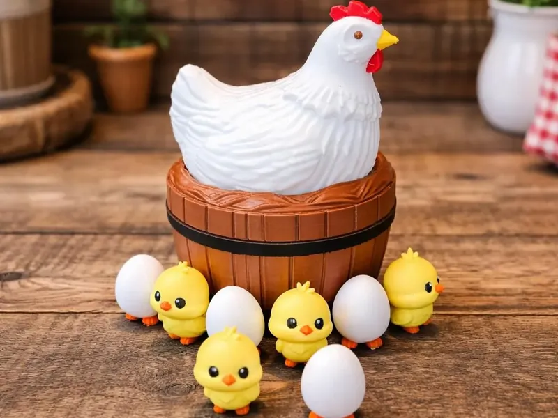 Hen On Nest Wash Barell Container w/ Chicks & Eggs