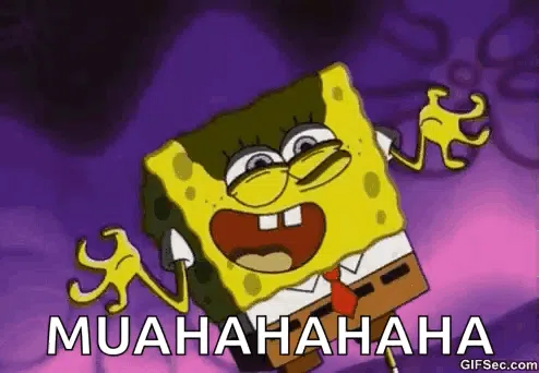 a cartoon of spongebob squarepants laughing with the words muahahahaha written on the bottom .