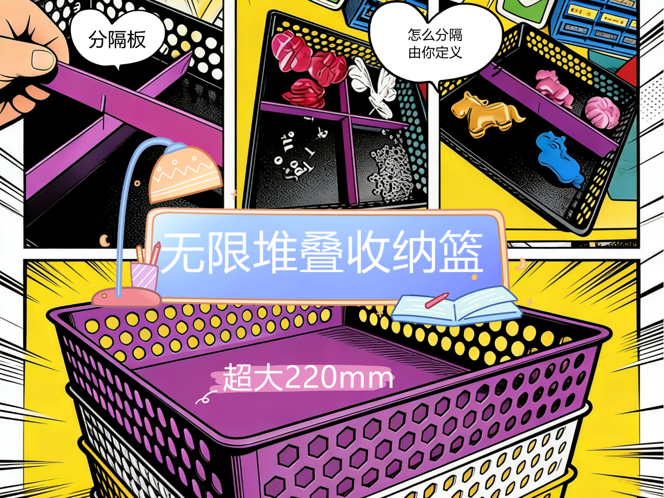 无限堆叠收纳篮（220mm超大）拼接分隔板