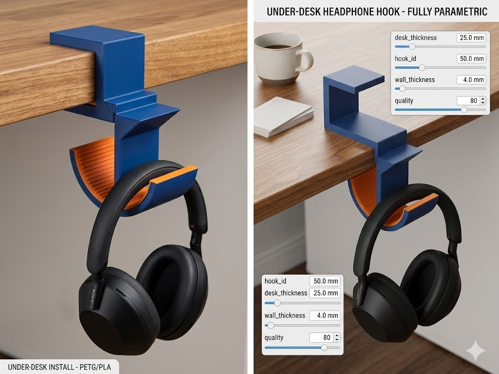Under-Desk Headphone Hook - Fully Parametric Clamp