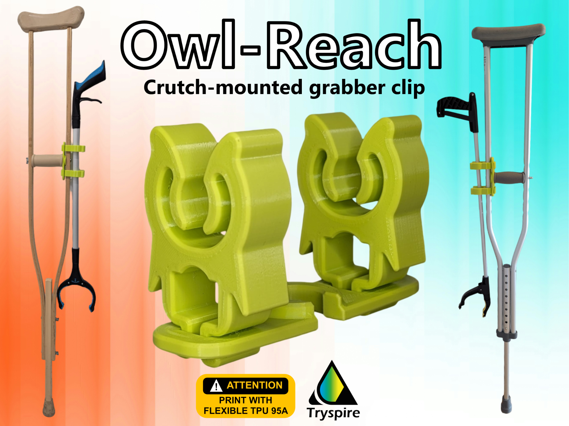 Owl-Reach (Crutch‑mounted grabber clip)