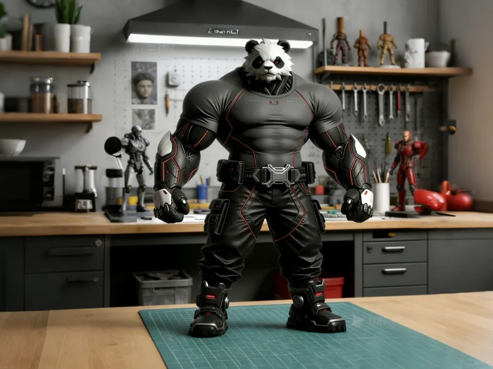 Panda Body Machine Muscle Panda Bodyguard, 3D Character Model, Action Figure Desktop ...