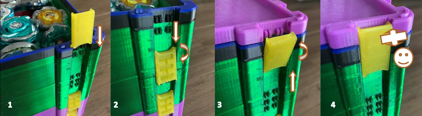1. Slide the latch down into the side channel. 2. Keep the flat face outward and the curved end at the bottom. 3. Place the lid or next layer on top. 4. Pivot the latch upward until it hooks onto the clips in the channel.