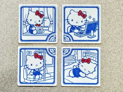 Working Hello Kitty's Day Blue and white porcelain pattern fridge magnet coaster Sanrio
