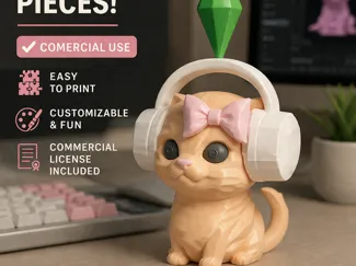 Sims Cat with Headphones Easy Print, MultiPart STL