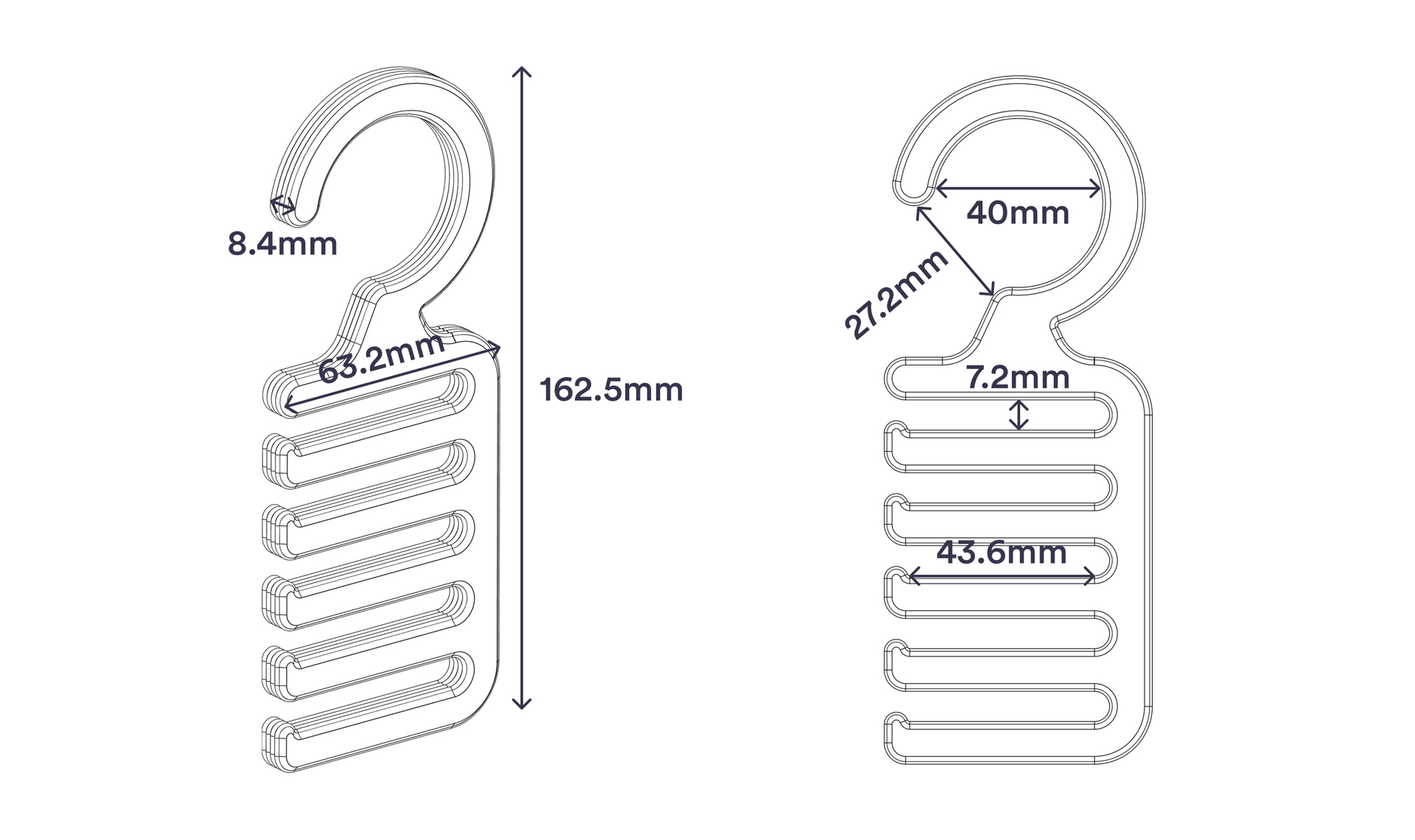 Wireframe of the model showing the dimensions.