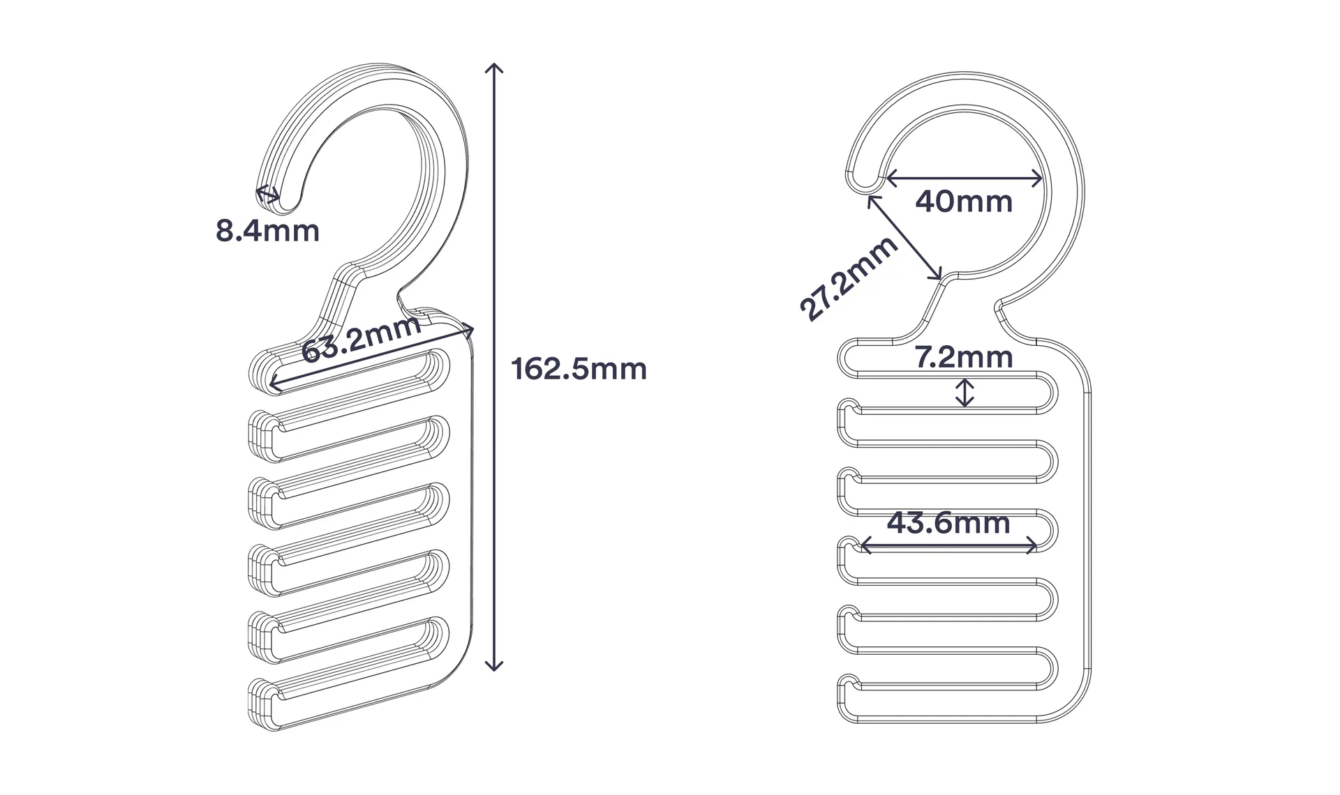 Wireframe of the model showing the dimensions.