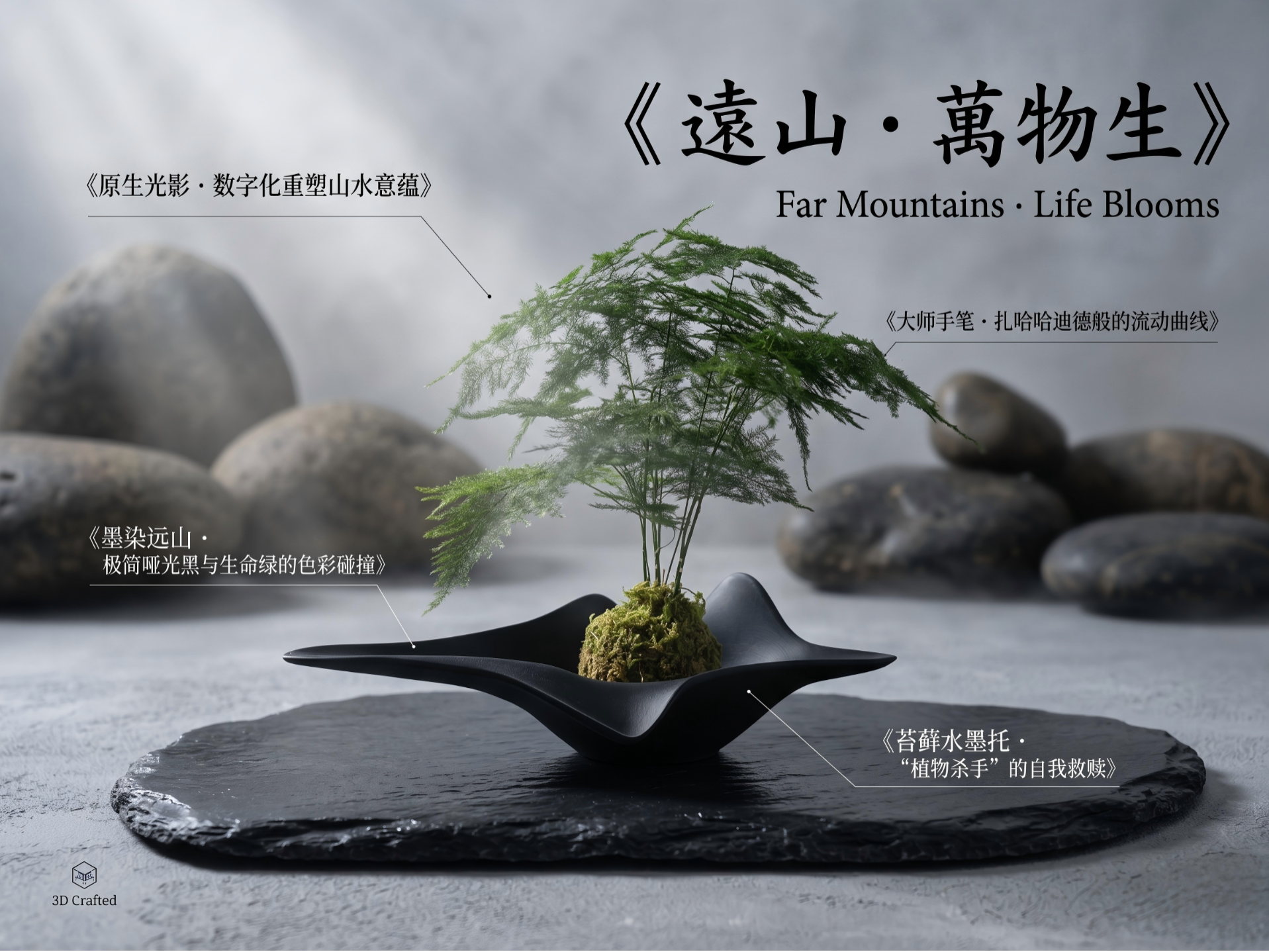 苔藓球水培植物花盆丨中式水墨禅韵花盆水培植物托盘文竹苔藓球托盘