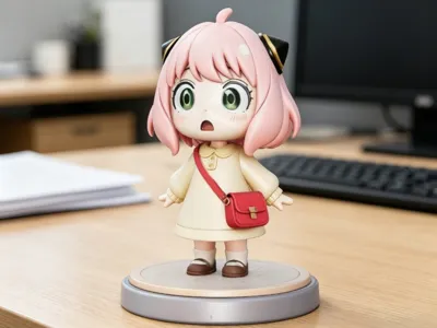 Anya with a small red backpack, surprised expression, wearing beige clothes, Spy x Family Anya Q-version anime figure