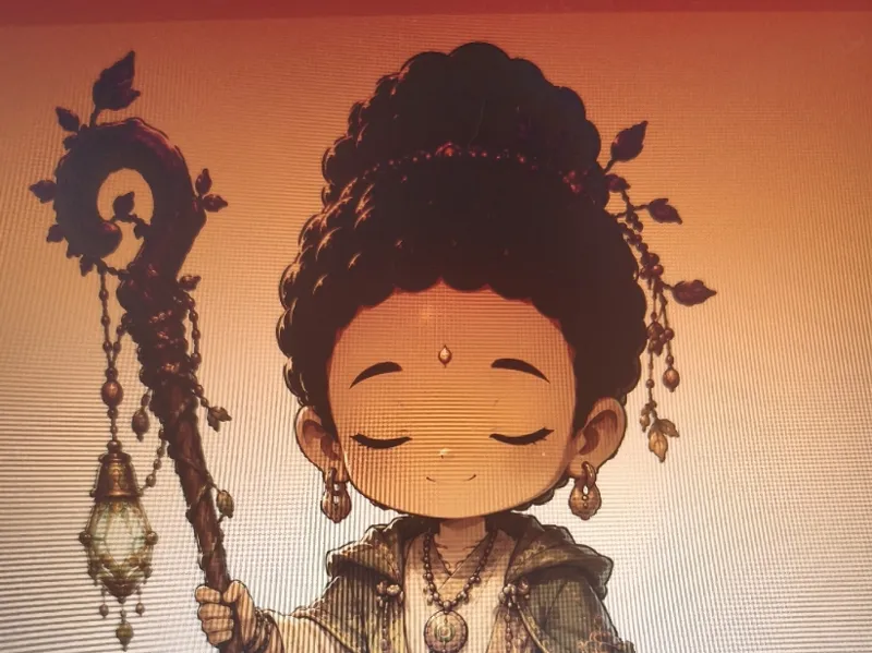 bouda chibi assis avec bâton