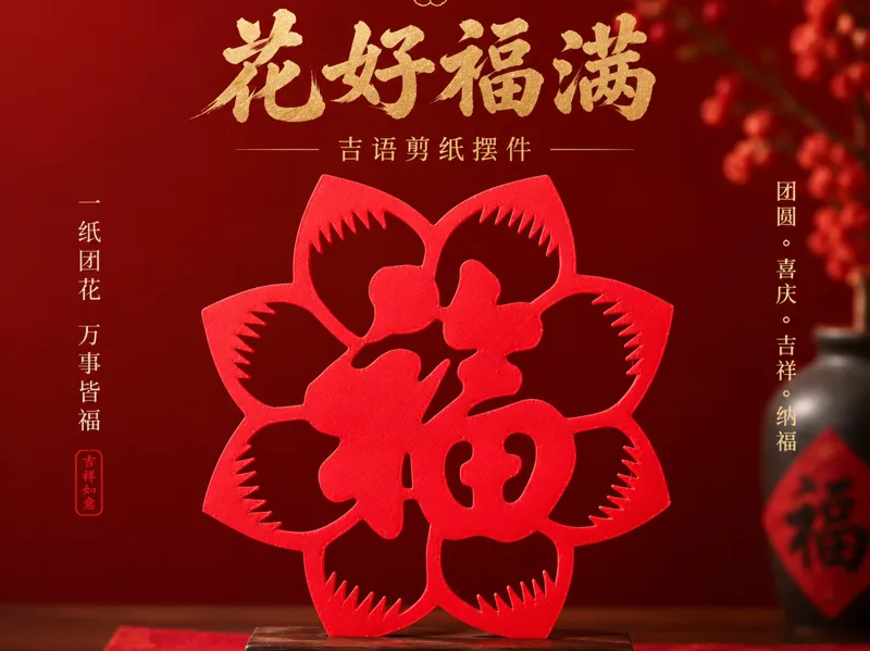 「花好福满」吉语剪纸摆件