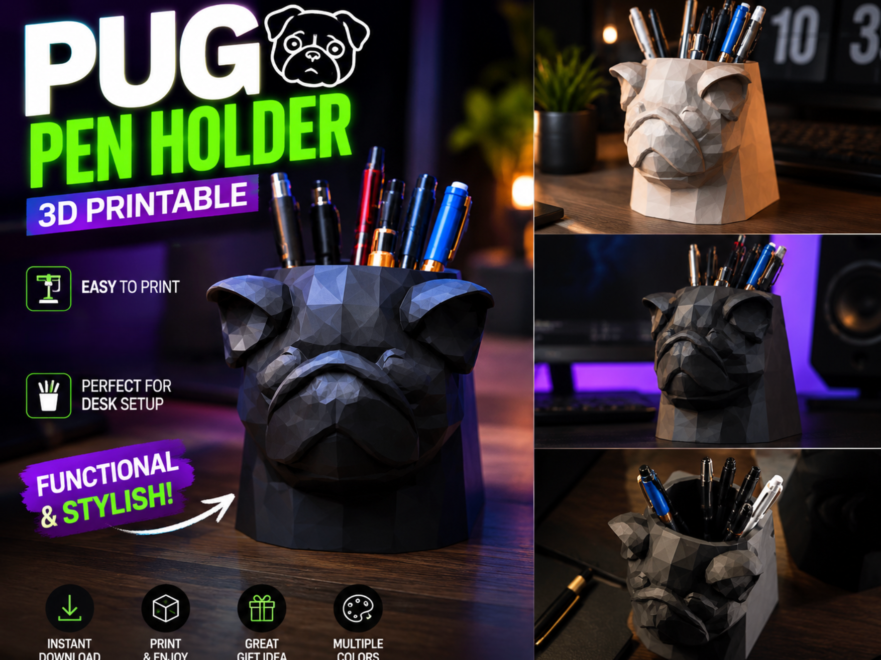 Low Poly Pug Pen Holder - NO AMS 