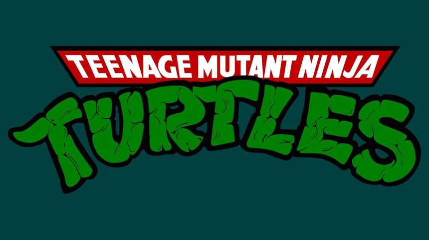 the teenage mutant ninja turtles logo on a dark green background with red and black lettering