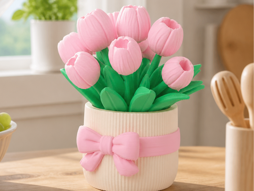 Pink Tulip Bouquet Sculpture - Pastel Floral Decor