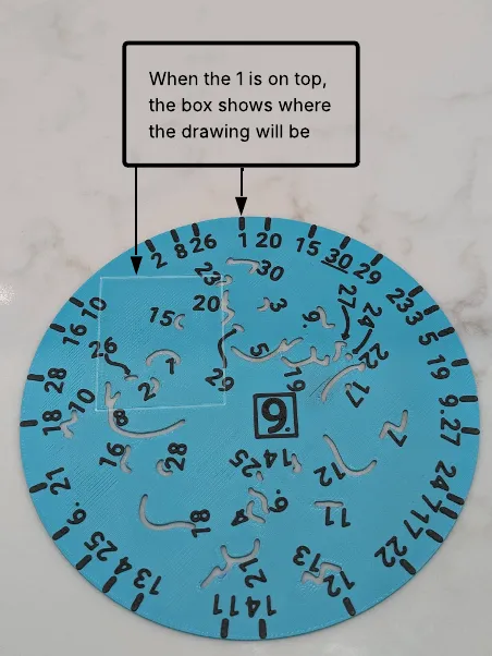 A faint box on the stencil shows where the final drawing will be placed