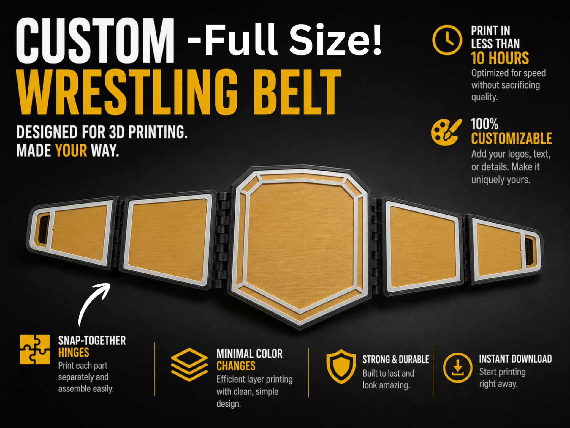 Blank Customizable Wrestling Belt w/ Snap Hinges