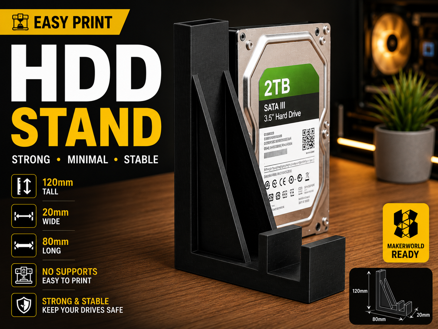 Minimal Hard Drive Stand | 120mm Tall | Easy Print