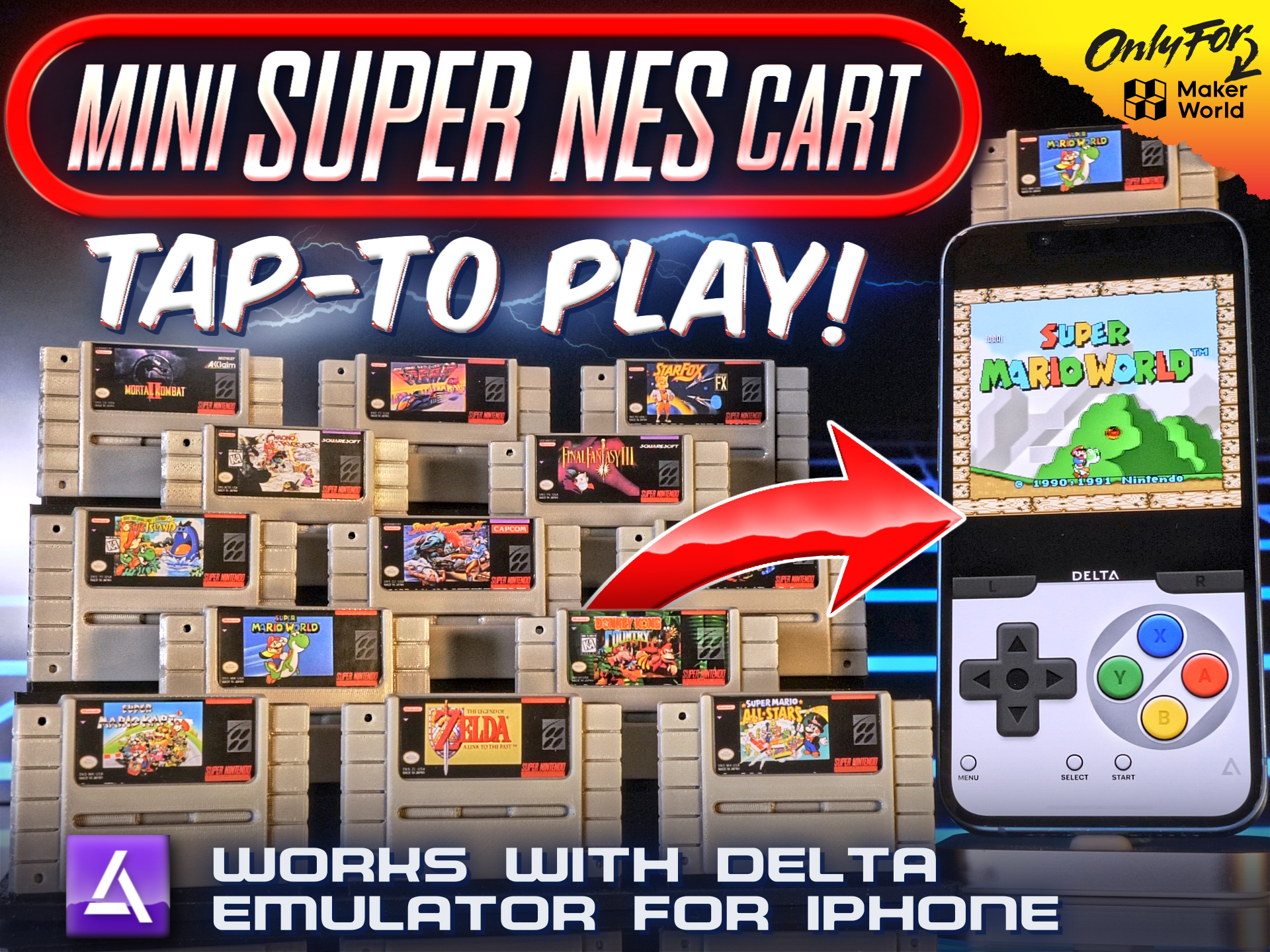 Mini Super Nintendo SNES Cartridge, Tap to play, NFC, Super Mario World, Zelda, Keychain, Mario Kart, Donkey Kong Country, Final Fantasy, Chrono Trigger, Street Fighter, F-Zero, Star Fox, Mortal Kombat, iOS, iPhone