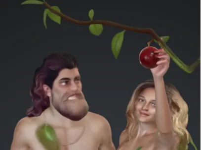 Adam und eva sie greift nach dem apfel