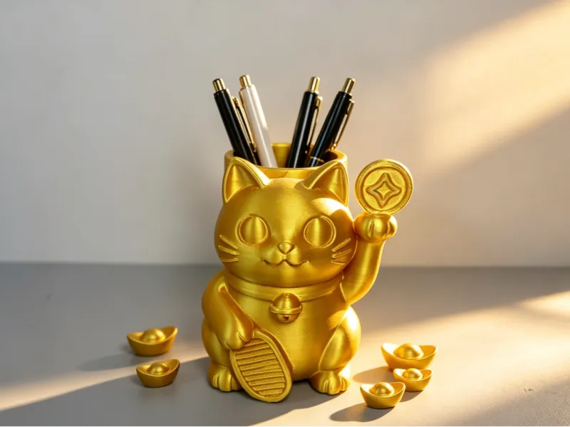 鎏金招财猫笔筒 桌面招财收纳