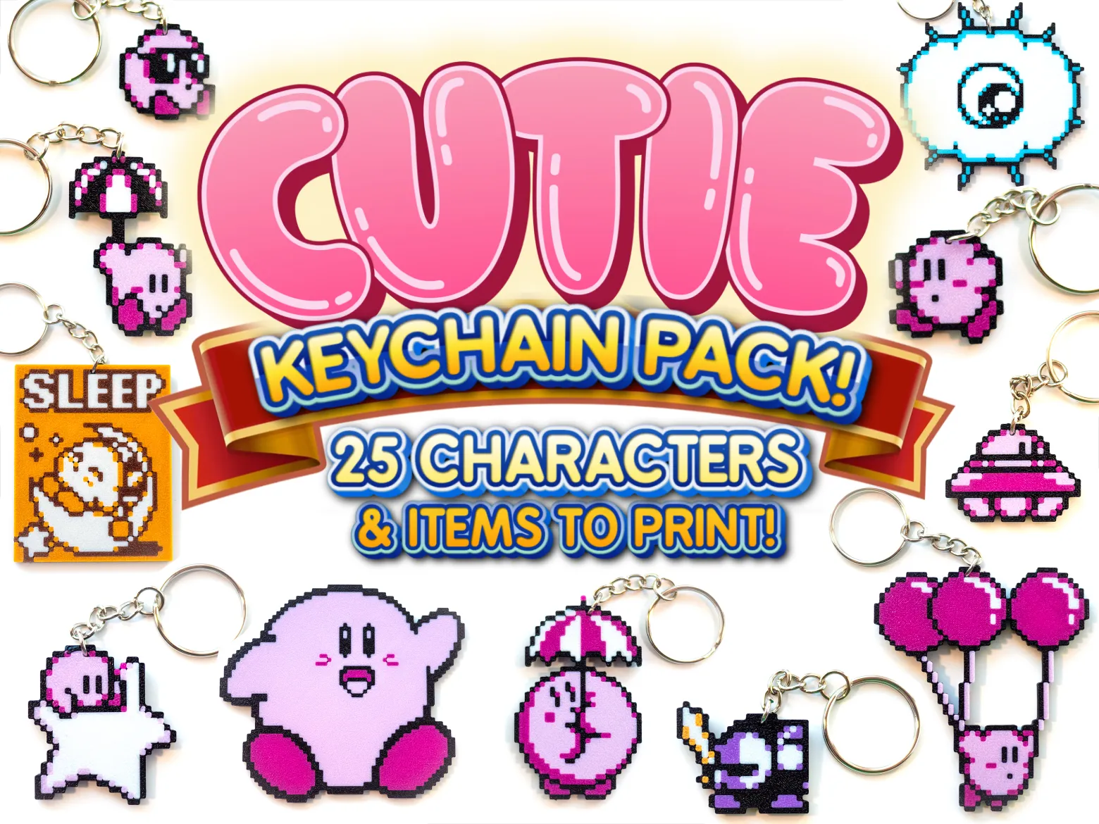 Kirby Keychain Pack, Cute, Sleep, Kracko, Sunglasses, NES, Nintendo