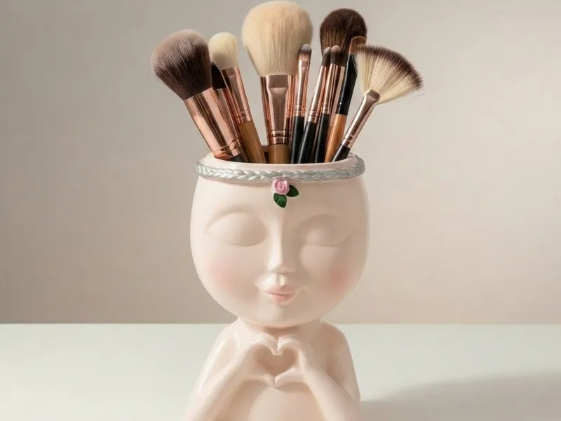 Cute face brush holder and vase with heart