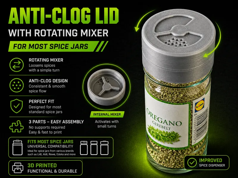 Spice Jar Anti-Clog Lid with Rotating Mixer