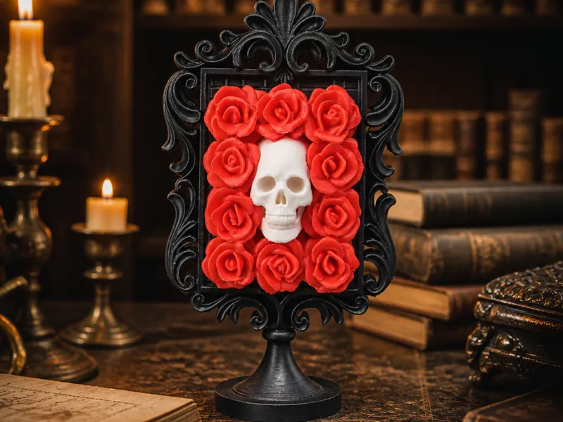 Rose Skull Frame Sculpture - Gothic Floral Art