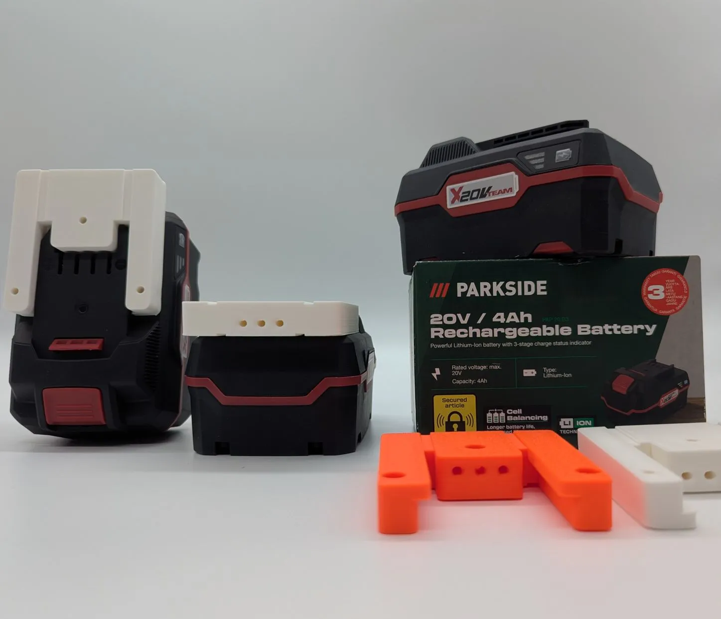 This battery holder is designed with durability in mind, using reinforced walls and a solid rail structure to keep the Parkside X20V battery securely in place