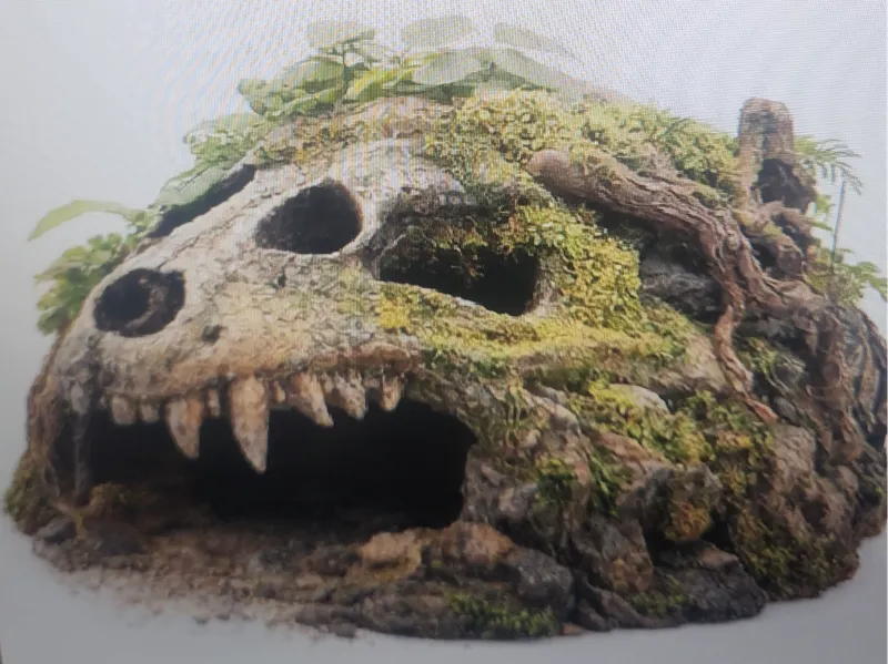 Terrarium hideout with a dinosaur skull