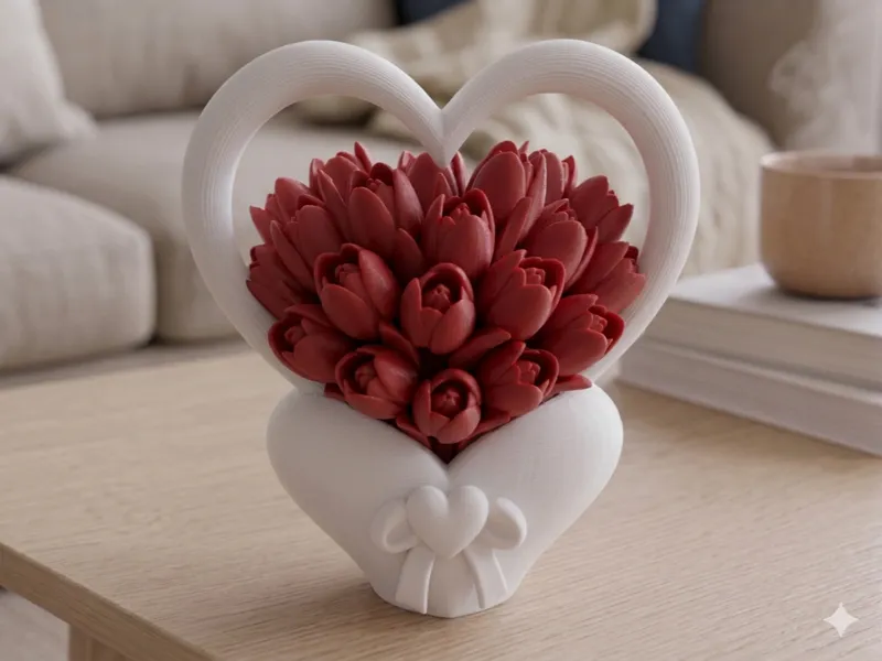 Contenitore con tulipanii roso e manico a cuore
