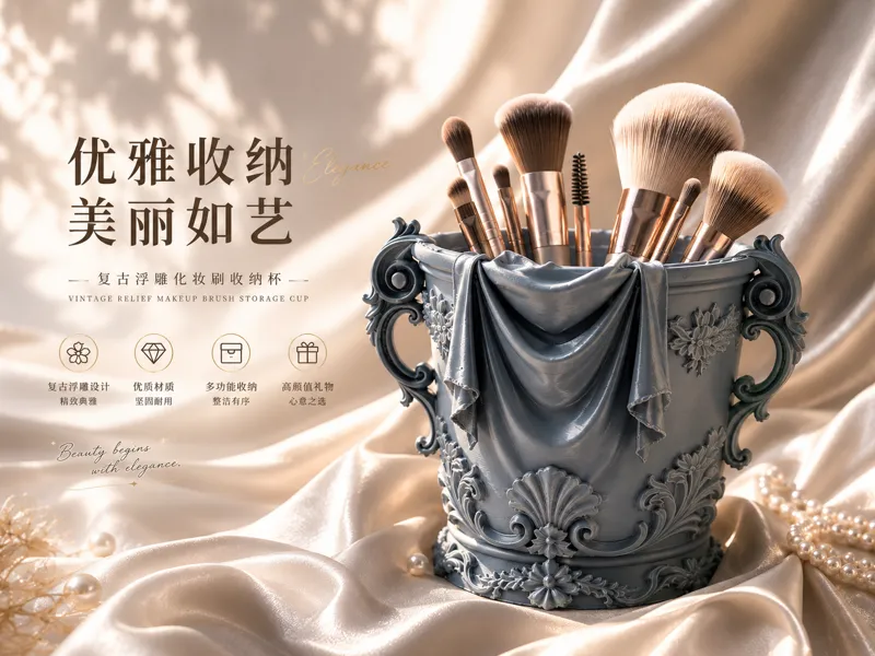 复古银丝绸  宫廷雕花 化妆刷收纳桶  工具桶 