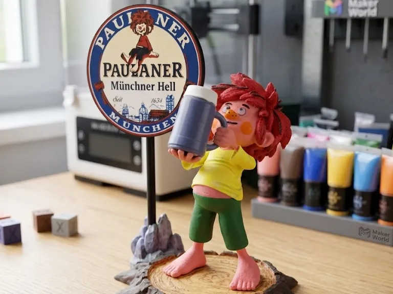 pumuckl Figur mit Bierkrug & Paulaner Schild