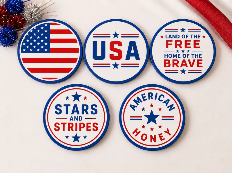 Patriotic USA Coaster Set with Matching Holder