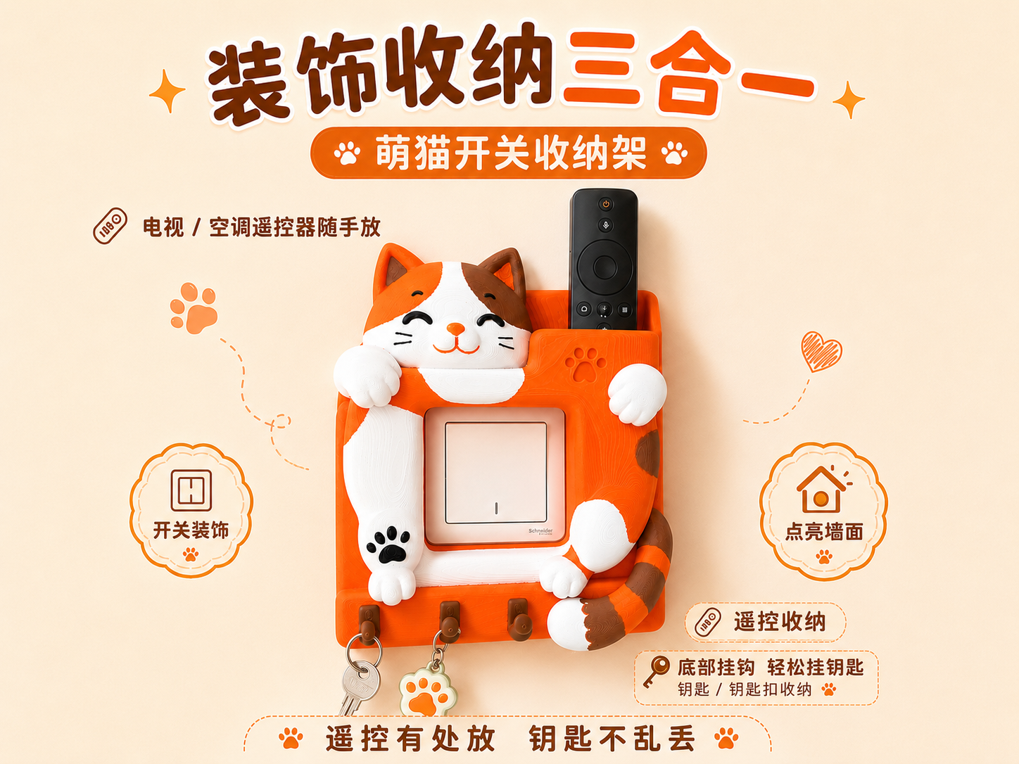 萌猫家庭开关收纳架｜遥控器收纳 + 钥匙挂钩｜Cute Cat Switch Organizer