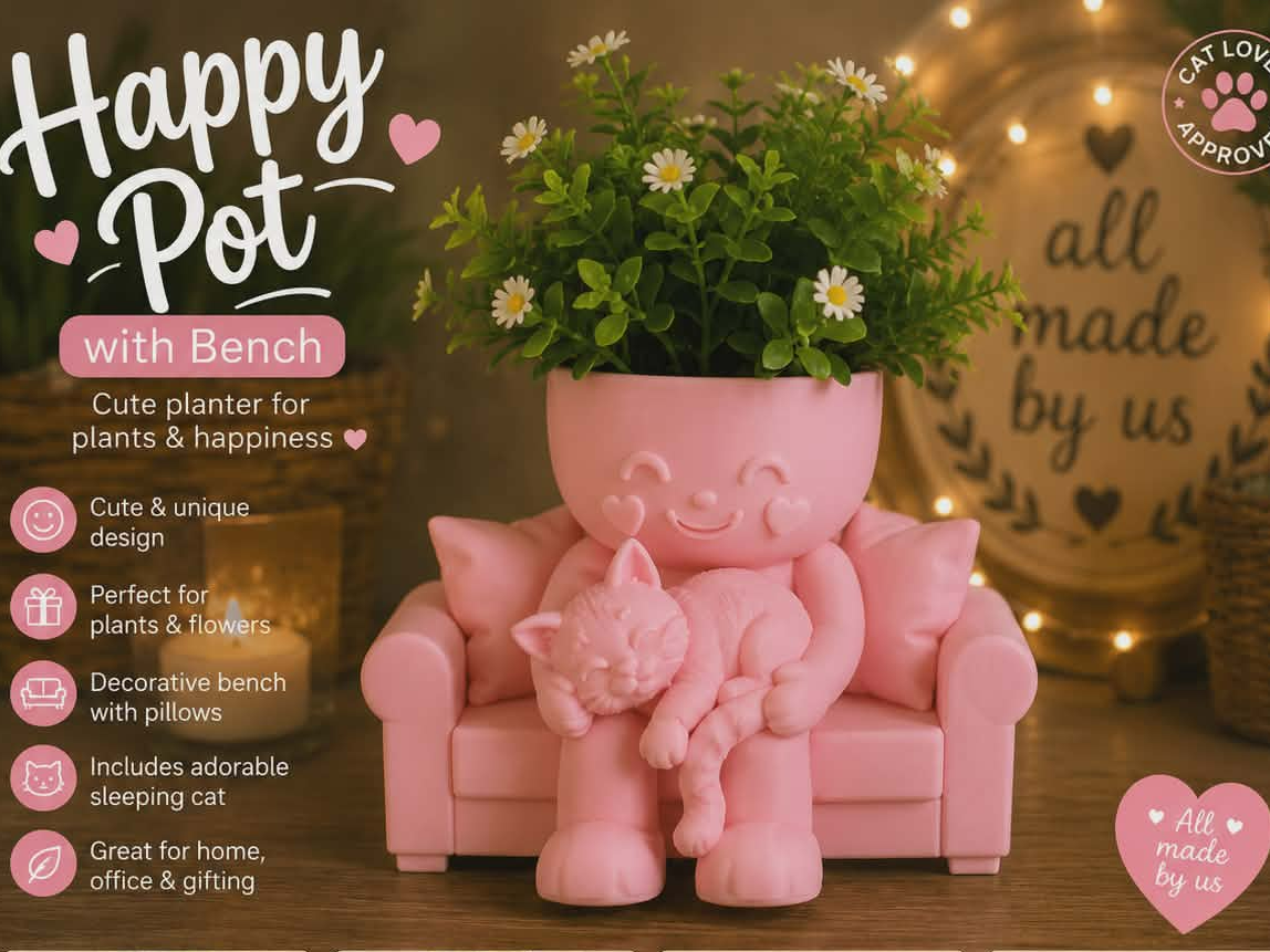 Happy Pot with Bench Cute Sleeping Cat Planter