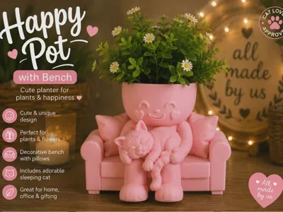 Happy Pot with Bench Cute Sleeping Cat Planter