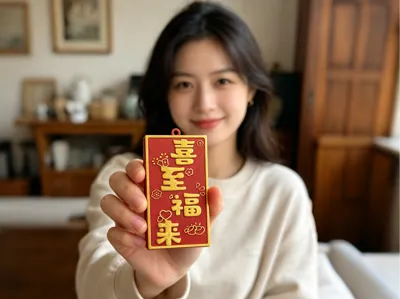 Joy and Fortune Arrive Auspicious Character Plaque, New Year Red and Gold 3D Hanging Ornament, Chinese Blessing Plaque, Joy and Fortune Arrive Keychain, Chinese-Style New Year Decoration