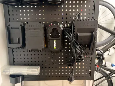 Worx 20V, 12V Battery and Charger, Makita Battery Pegboard Holder, for 16mm Spaced Round Pegboards