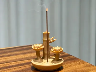 "Twin Lotuses by the Bamboo" Bamboo Lotus Zen Incense Holder
