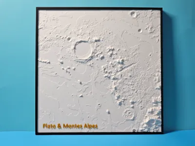 Romantic lunar surface 3D decorative painting, Plato Crater - Montes Alpes region, generated from real geographical data (DEM), Platonic love