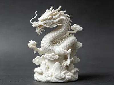 Auspicious Cloud and Mountain White Dragon Holding a Pearl