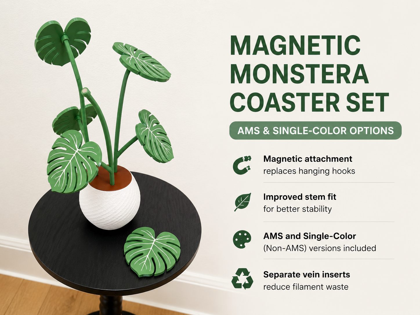 Magnetic Monstera Coaster Set | AMS & Non-AMS